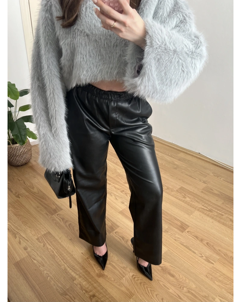 Beli İpli Siyah Deri Pantolon