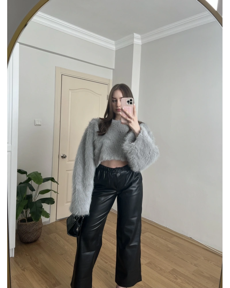 Beli İpli Siyah Deri Pantolon