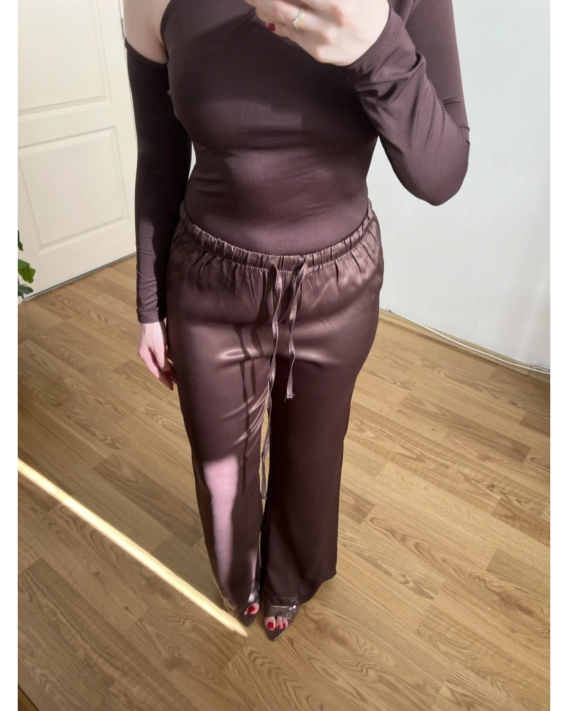 Beli Lastikli Acı Kahve Saten Pantolon