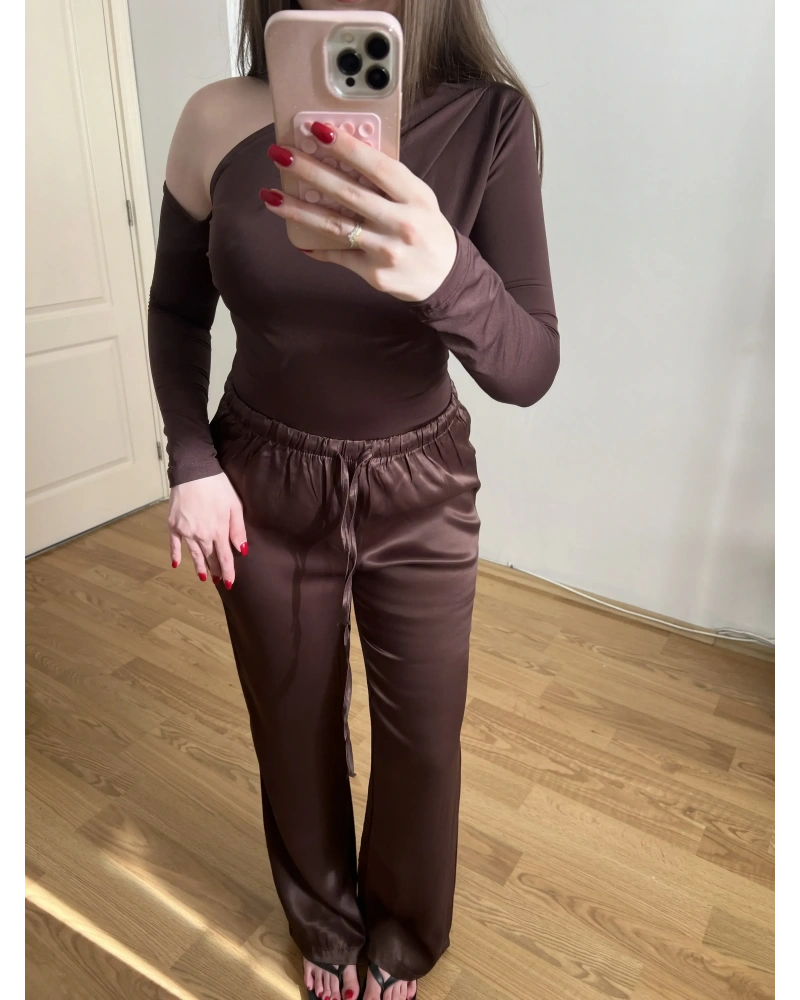 Beli Lastikli Acı Kahve Saten Pantolon