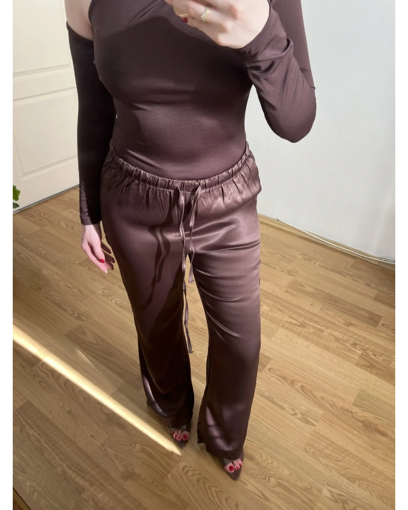 Beli Lastikli Acı Kahve Saten Pantolon