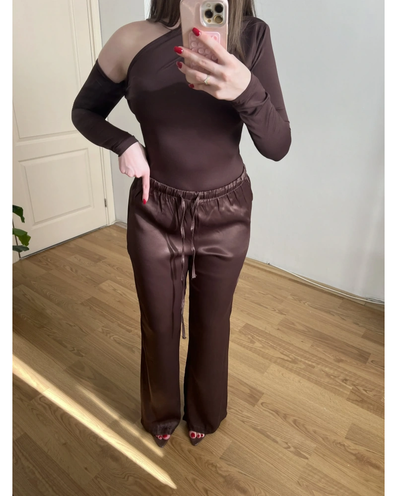 Beli Lastikli Acı Kahve Saten Pantolon