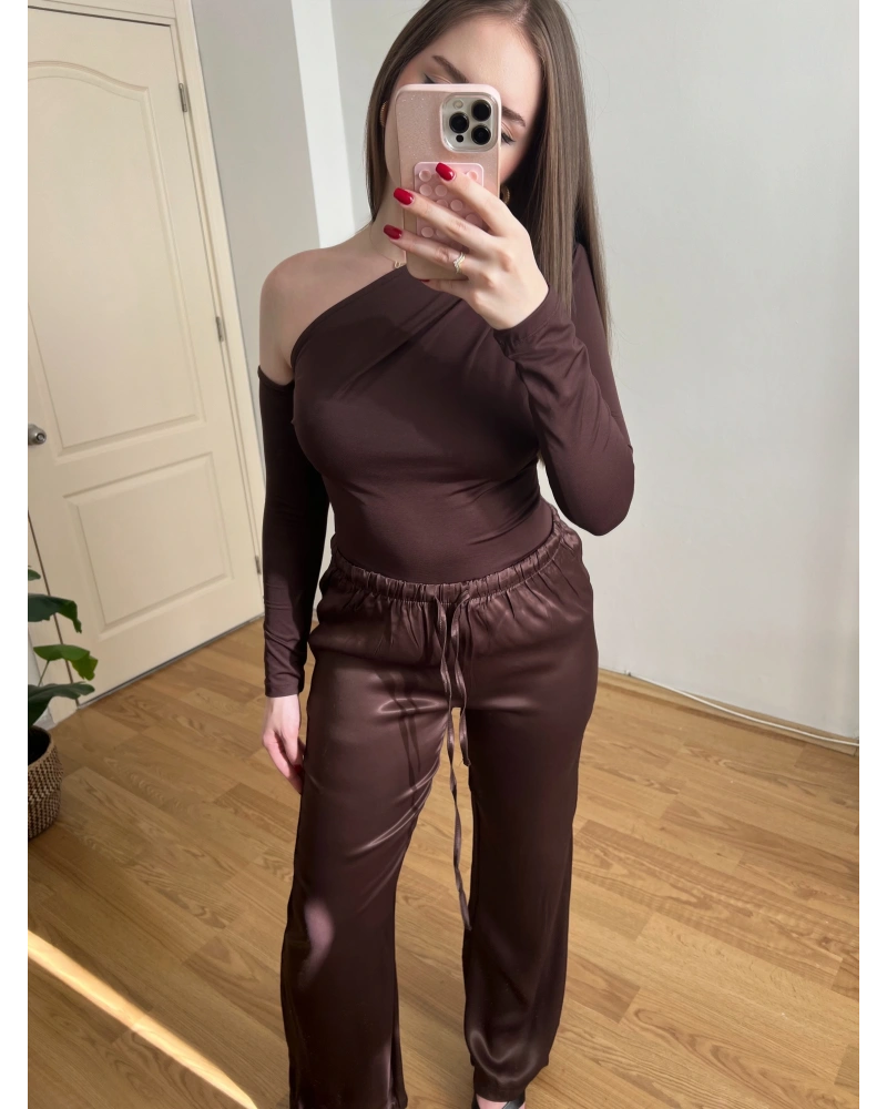 Beli Lastikli Acı Kahve Saten Pantolon