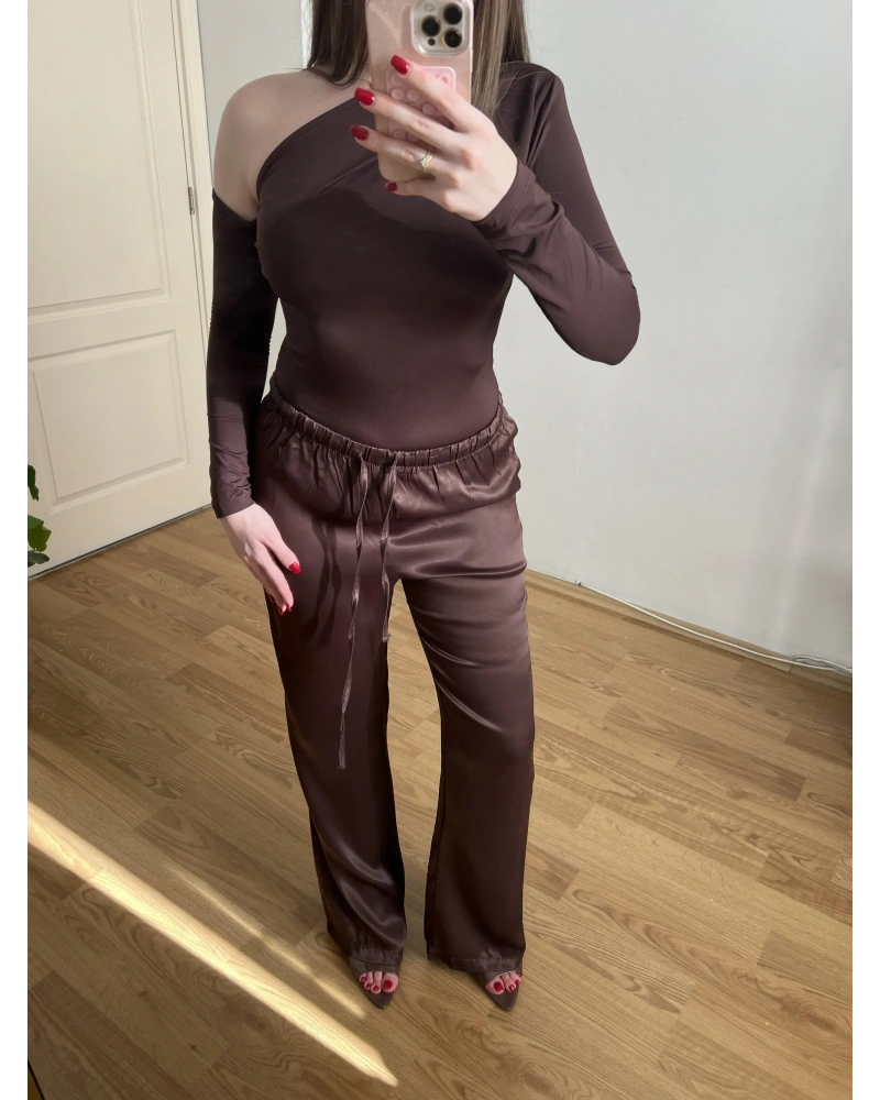Beli Lastikli Acı Kahve Saten Pantolon