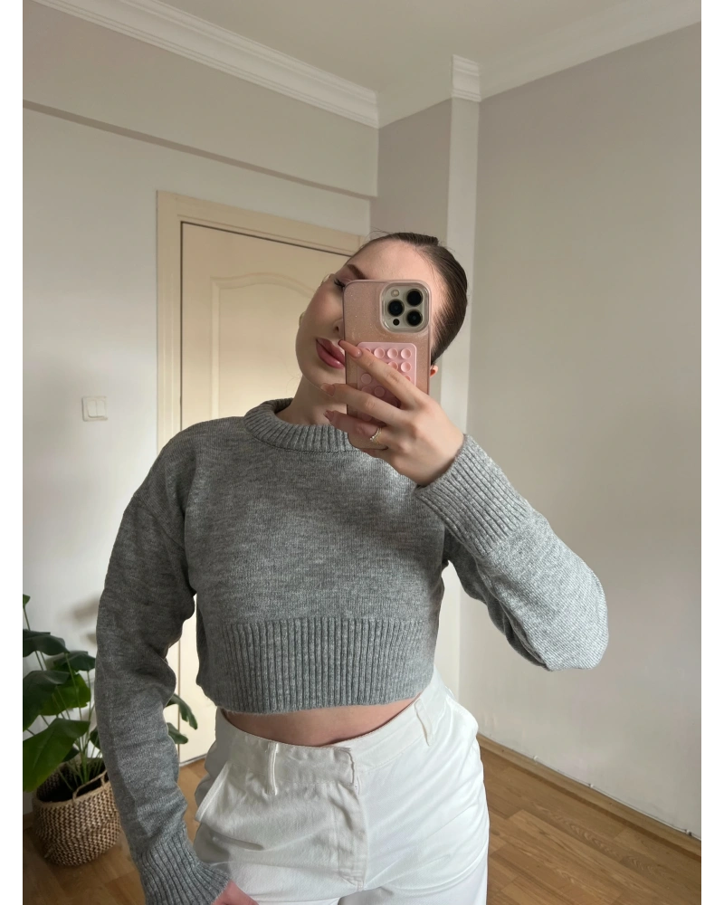 Bisiklet Yaka Gri Crop Kazak