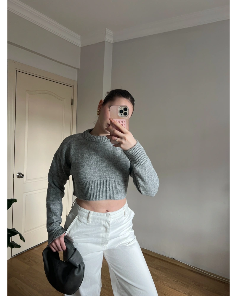 Bisiklet Yaka Gri Crop Kazak