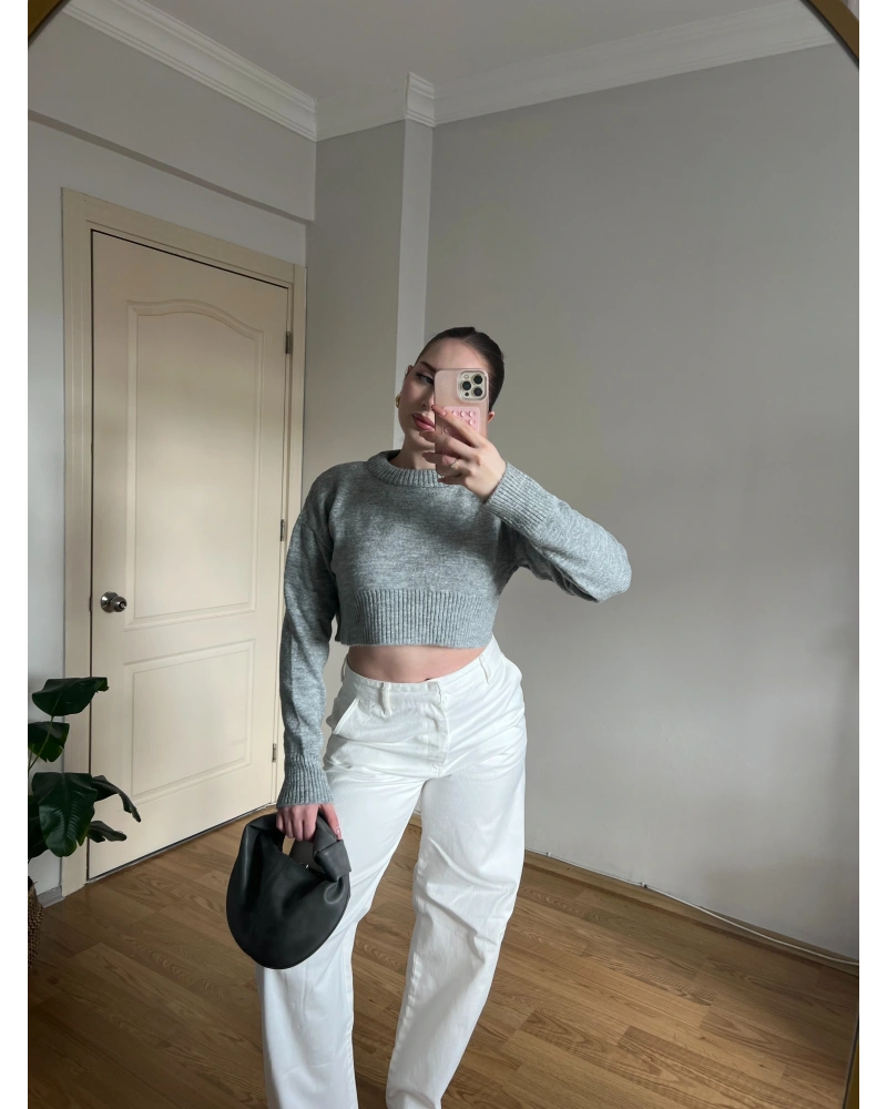 Bisiklet Yaka Gri Crop Kazak