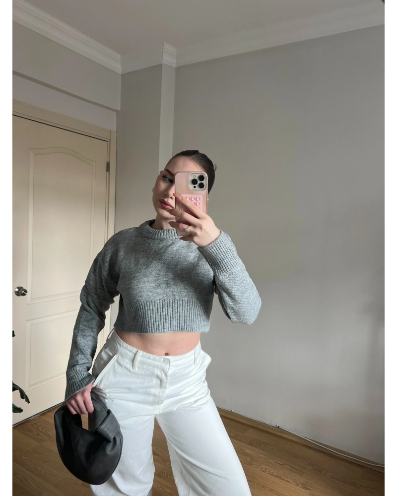 Bisiklet Yaka Gri Crop Kazak