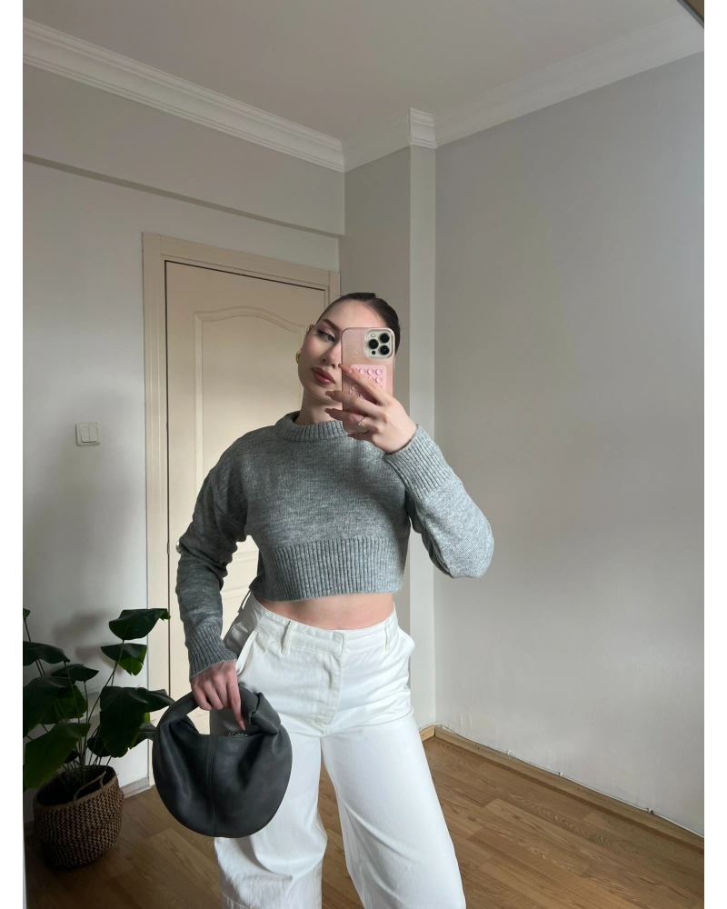 Bisiklet Yaka Gri Crop Kazak