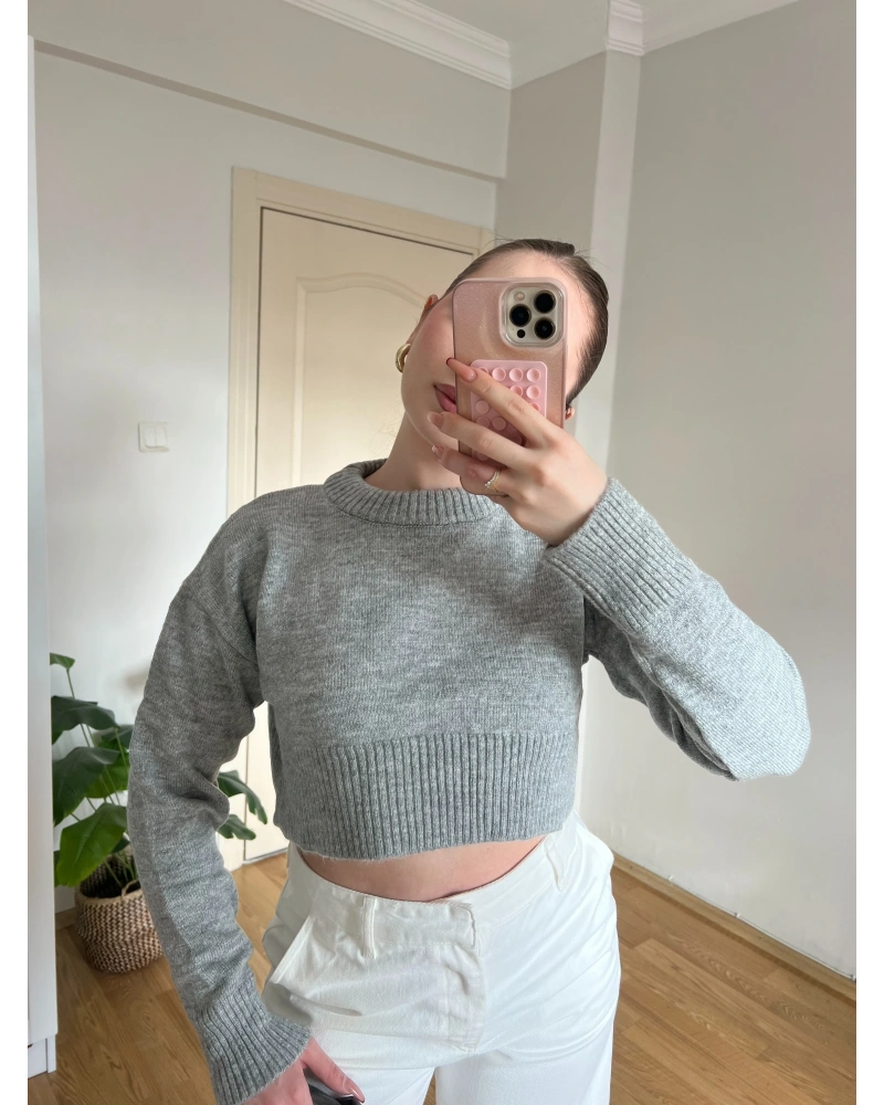 Bisiklet Yaka Gri Crop Kazak