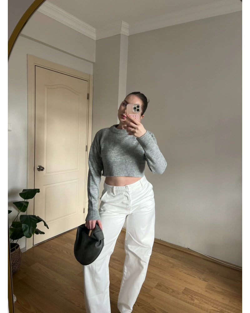 Bisiklet Yaka Gri Crop Kazak