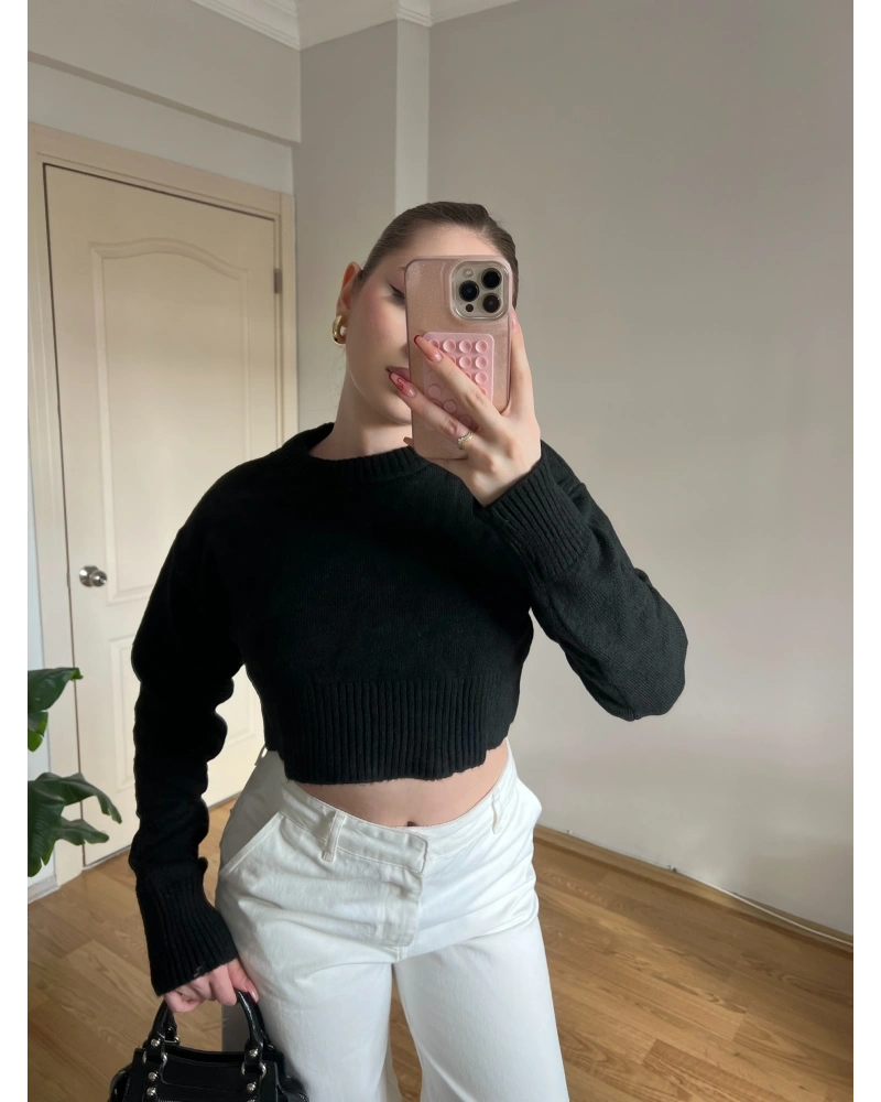 Bisiklet Yaka Siyah Crop Kazak