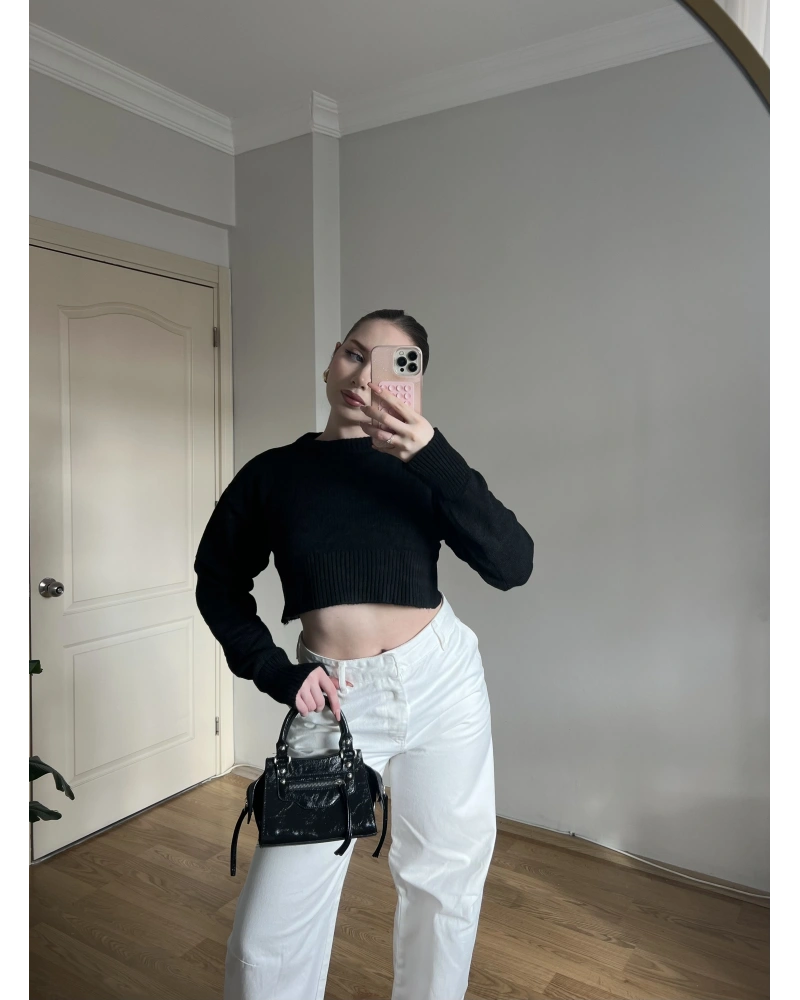 Bisiklet Yaka Siyah Crop Kazak