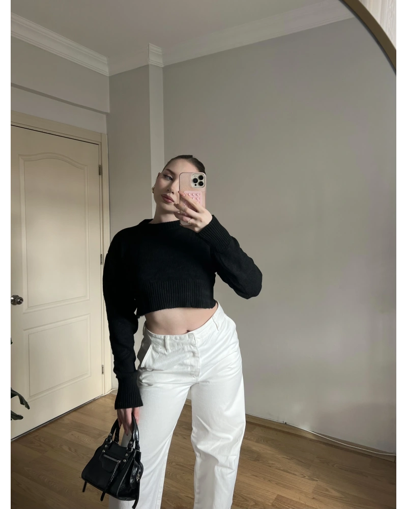 Bisiklet Yaka Siyah Crop Kazak