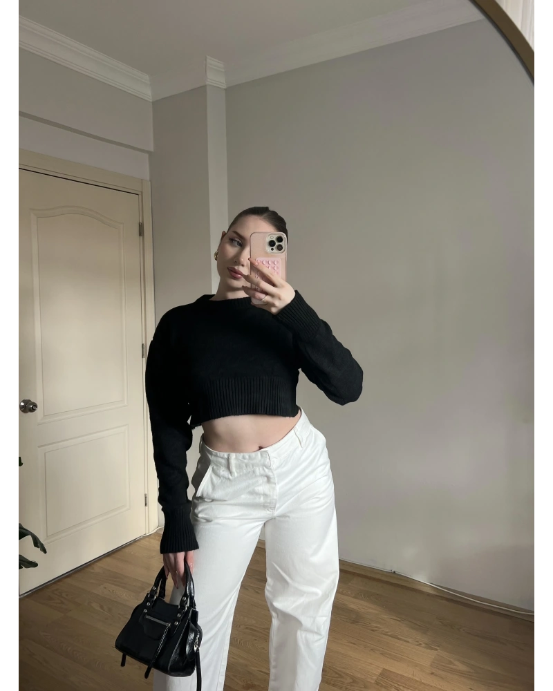 Bisiklet Yaka Siyah Crop Kazak