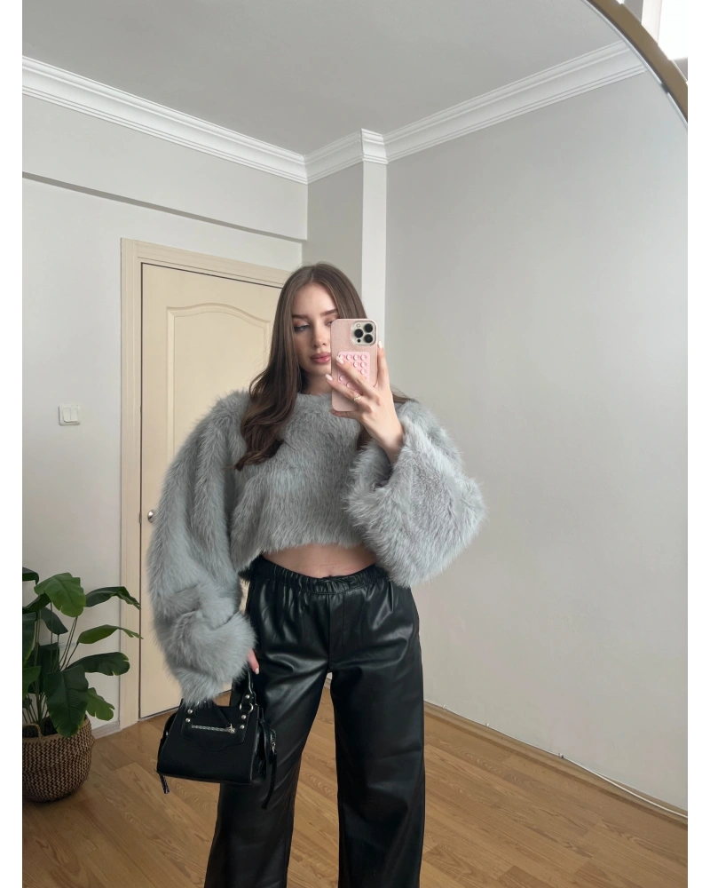 Crop Gri Kürk Kazak