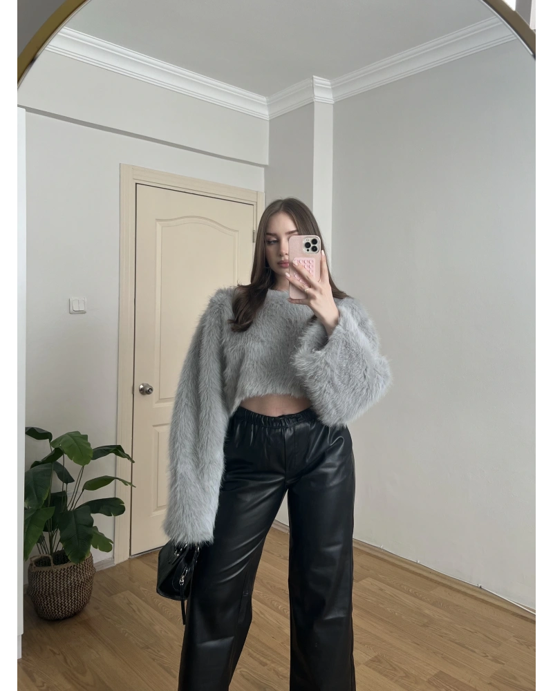 Crop Gri Kürk Kazak