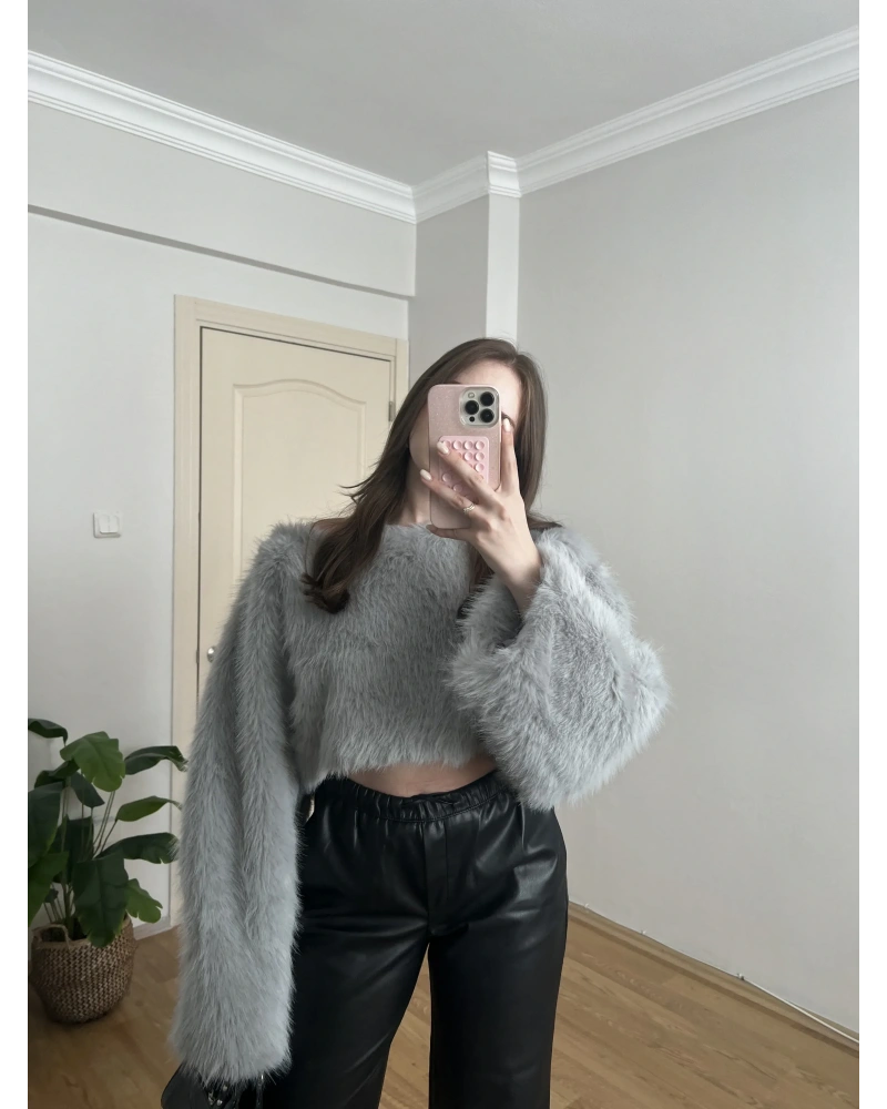 Crop Gri Kürk Kazak