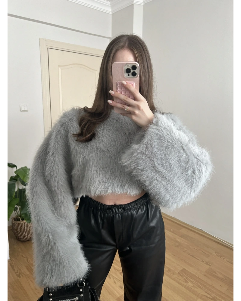 Crop Gri Kürk Kazak