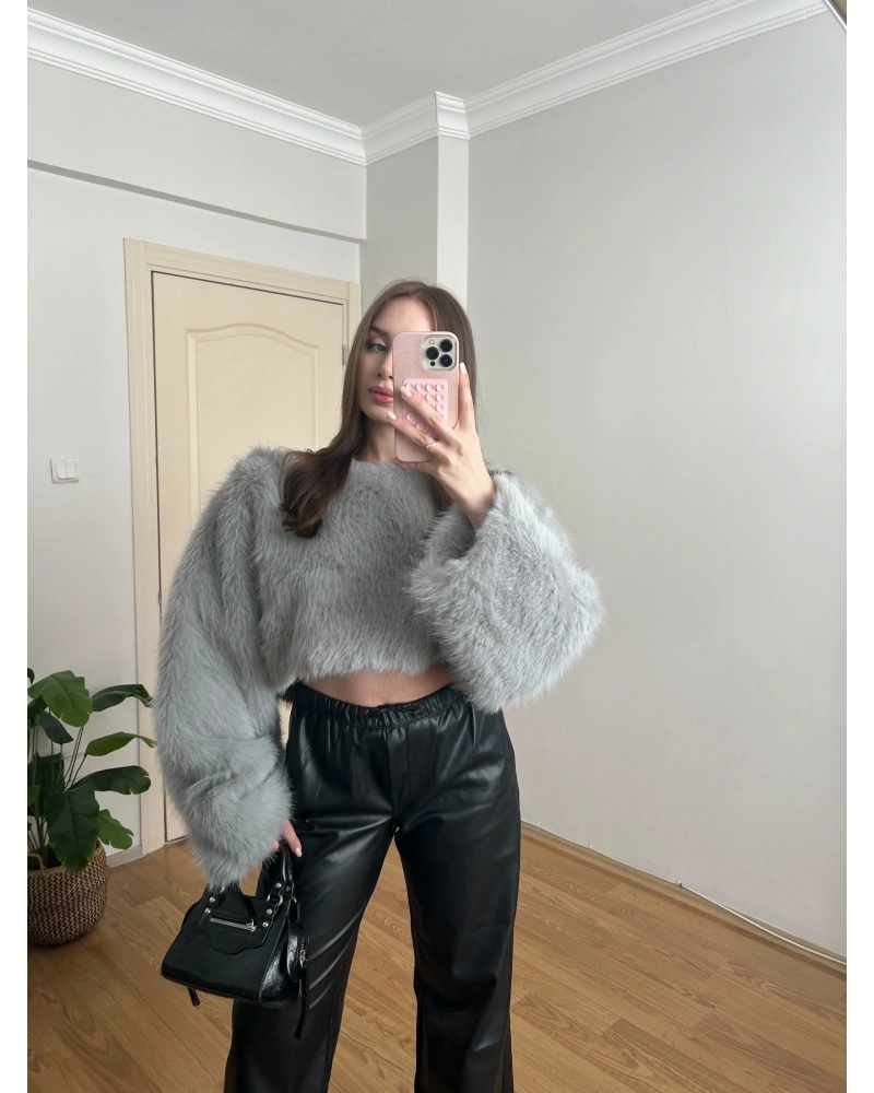 Crop Gri Kürk Kazak