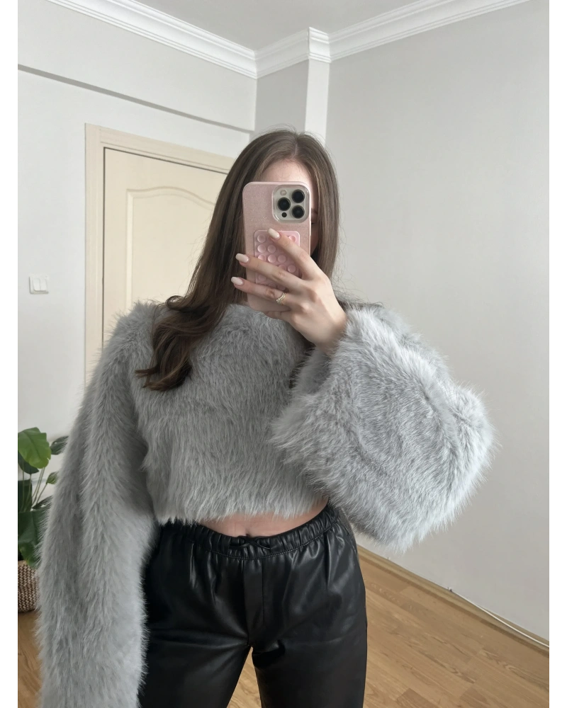 Crop Gri Kürk Kazak