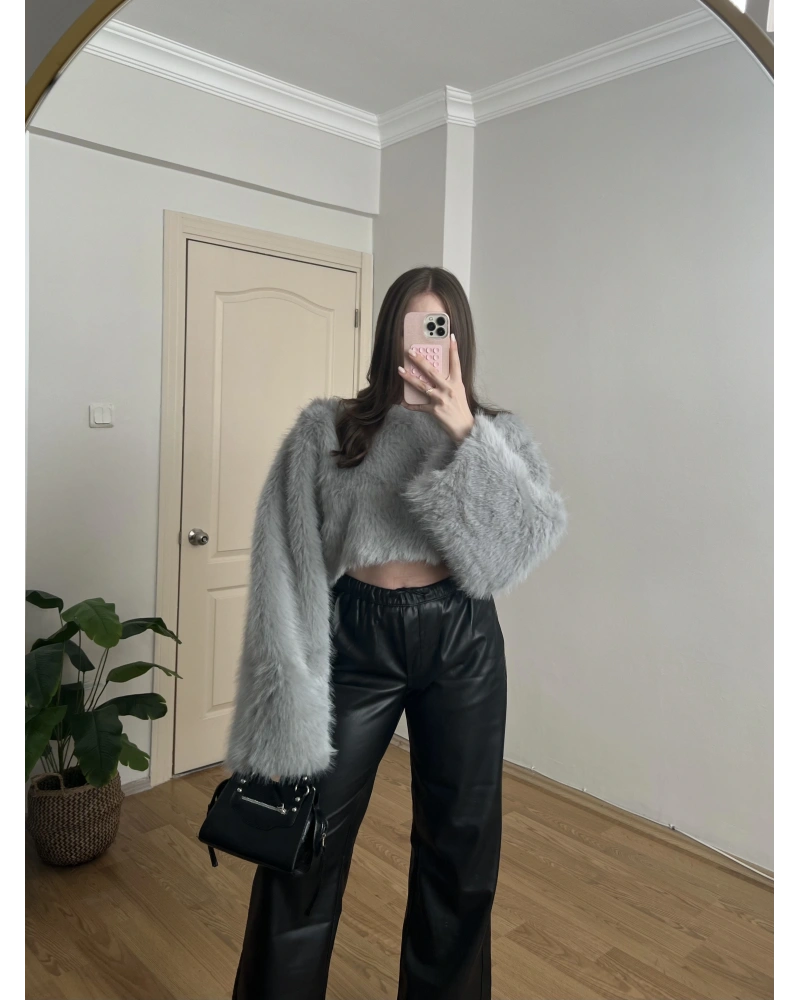 Crop Gri Kürk Kazak