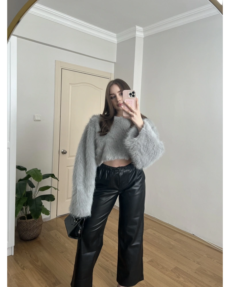 Crop Gri Kürk Kazak