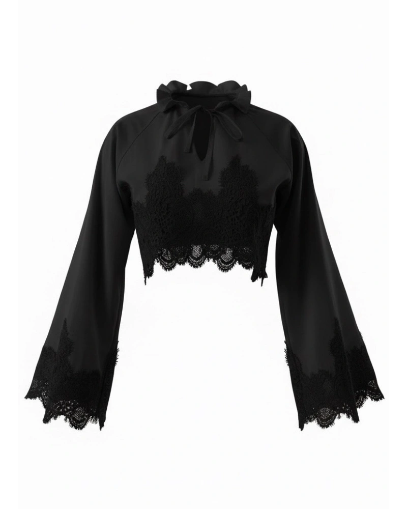 Dantel Detaylı Siyah Poplin Crop Bluz