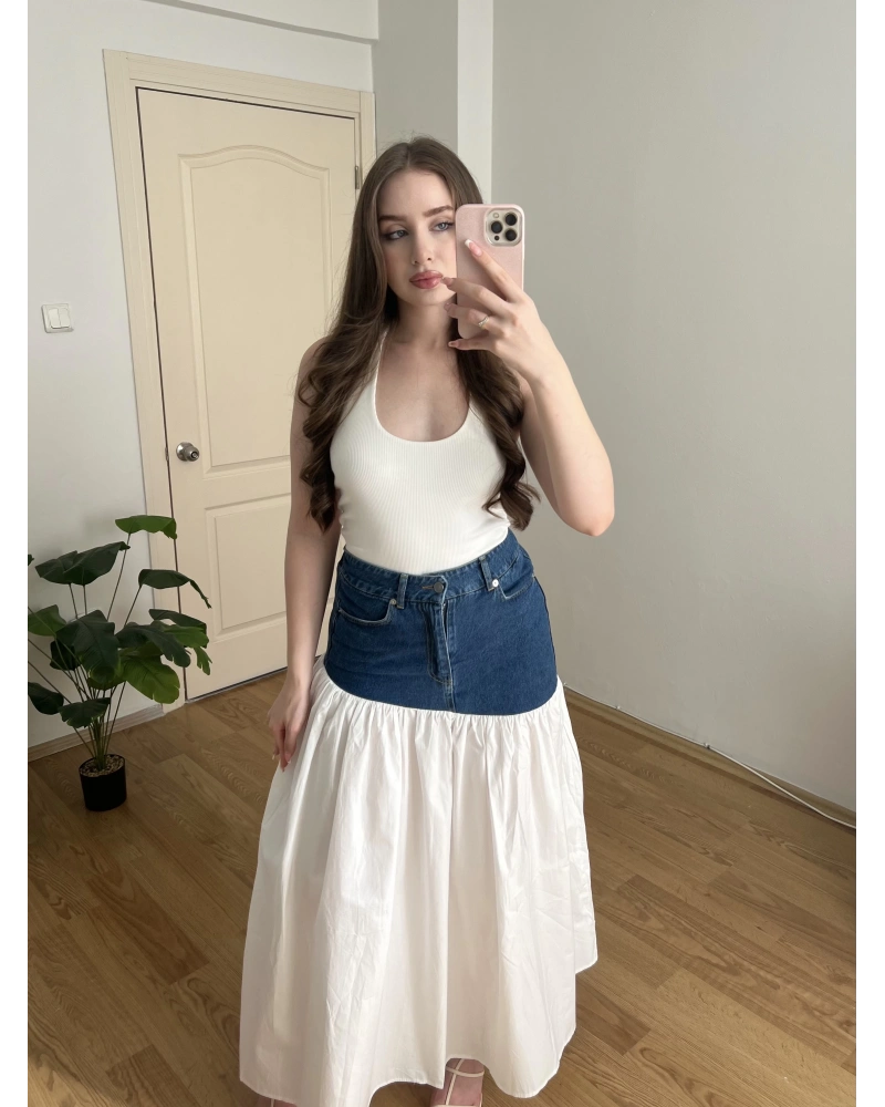 Denim Detaylı Poplin Uzun Etek