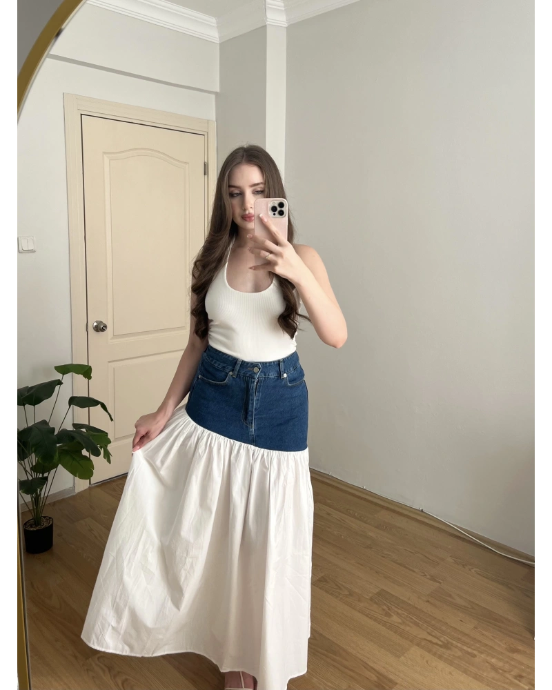 Denim Detaylı Poplin Uzun Etek