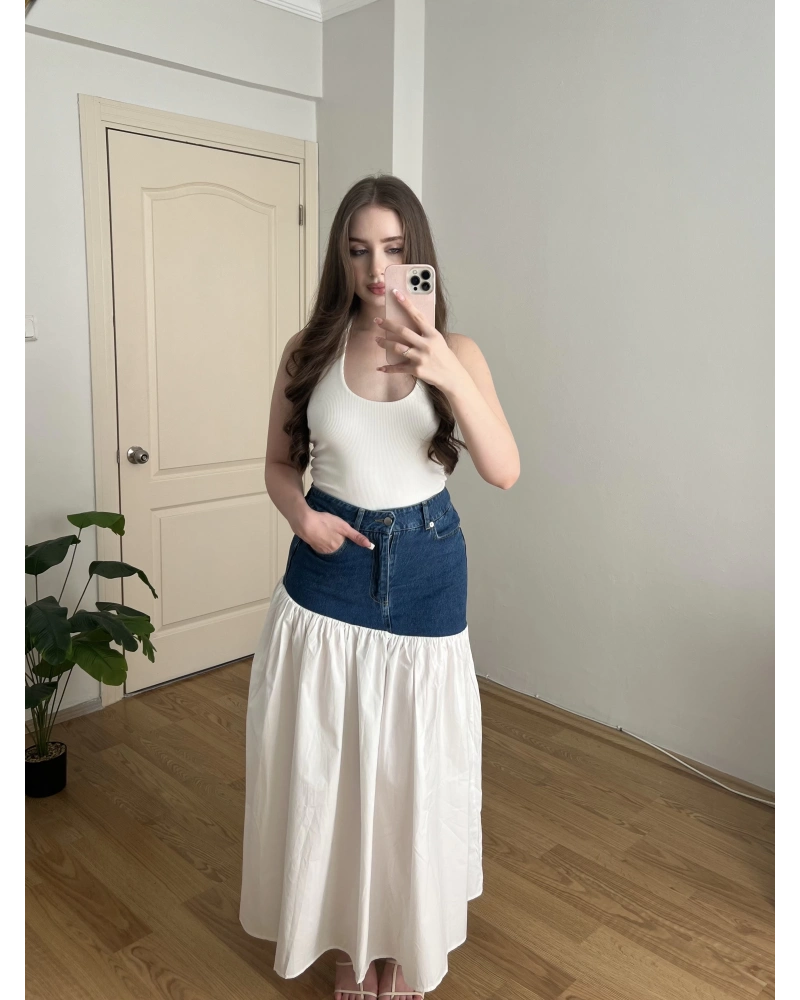 Denim Detaylı Poplin Uzun Etek