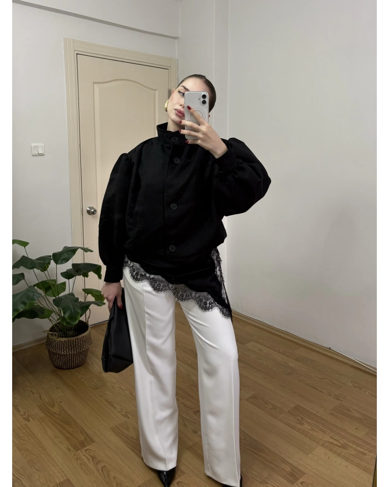 Dik Yakalı Siyah Süet Bomber Ceket