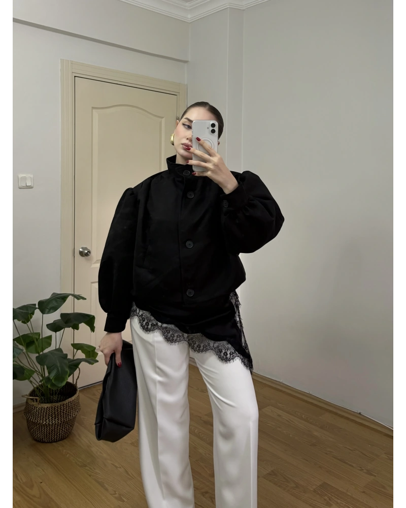 Dik Yakalı Siyah Süet Bomber Ceket