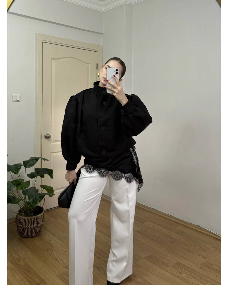 Dik Yakalı Siyah Süet Bomber Ceket