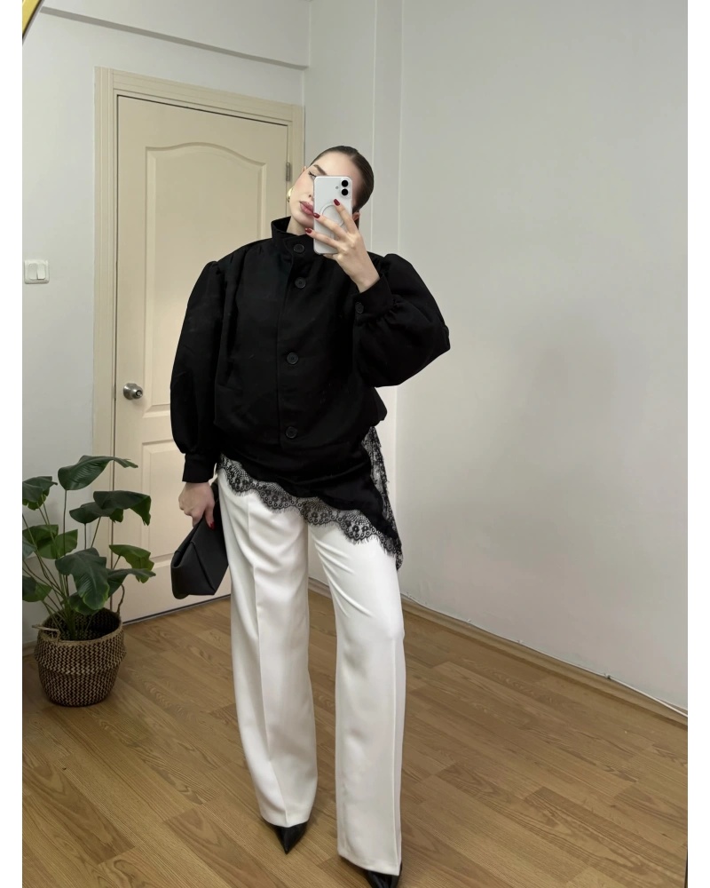 Dik Yakalı Siyah Süet Bomber Ceket