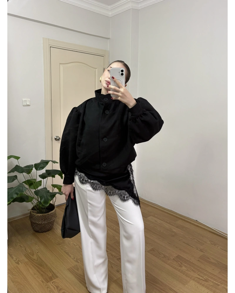 Dik Yakalı Siyah Süet Bomber Ceket