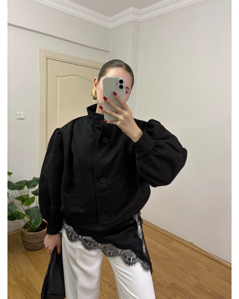 Dik Yakalı Siyah Süet Bomber Ceket