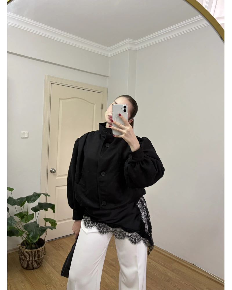 Dik Yakalı Siyah Süet Bomber Ceket