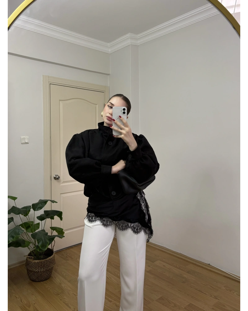 Dik Yakalı Siyah Süet Bomber Ceket