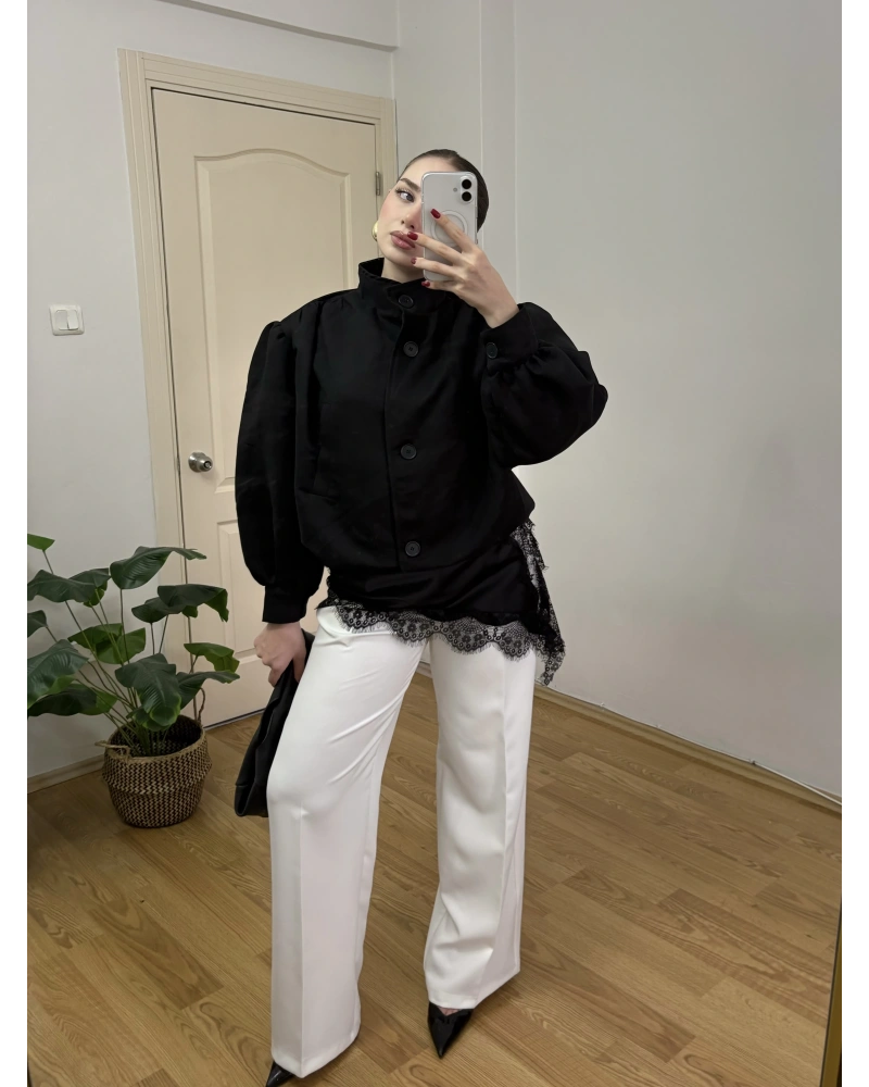 Dik Yakalı Siyah Süet Bomber Ceket