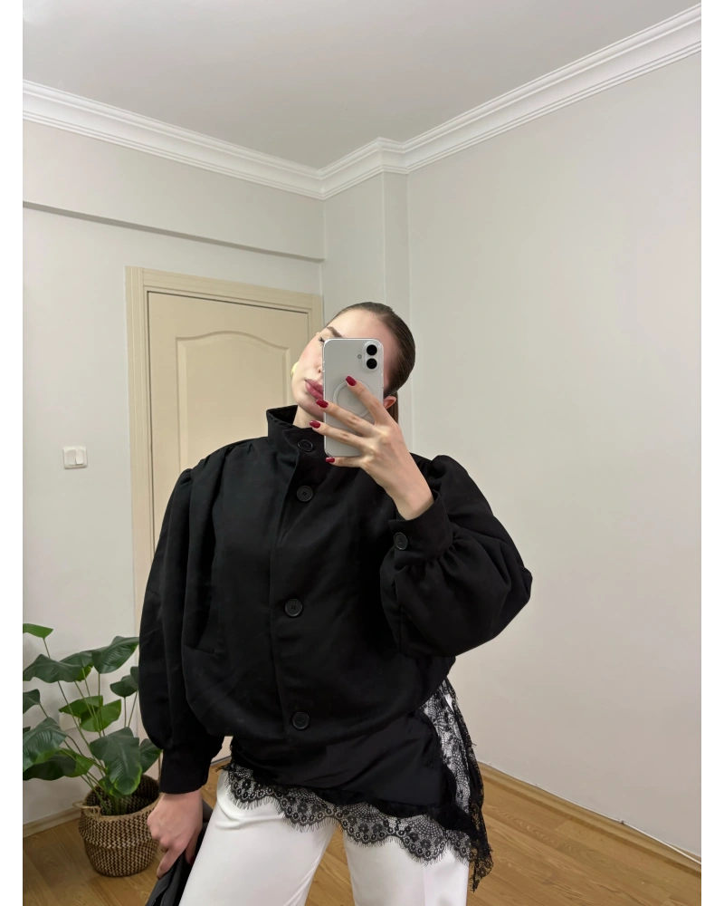 Dik Yakalı Siyah Süet Bomber Ceket