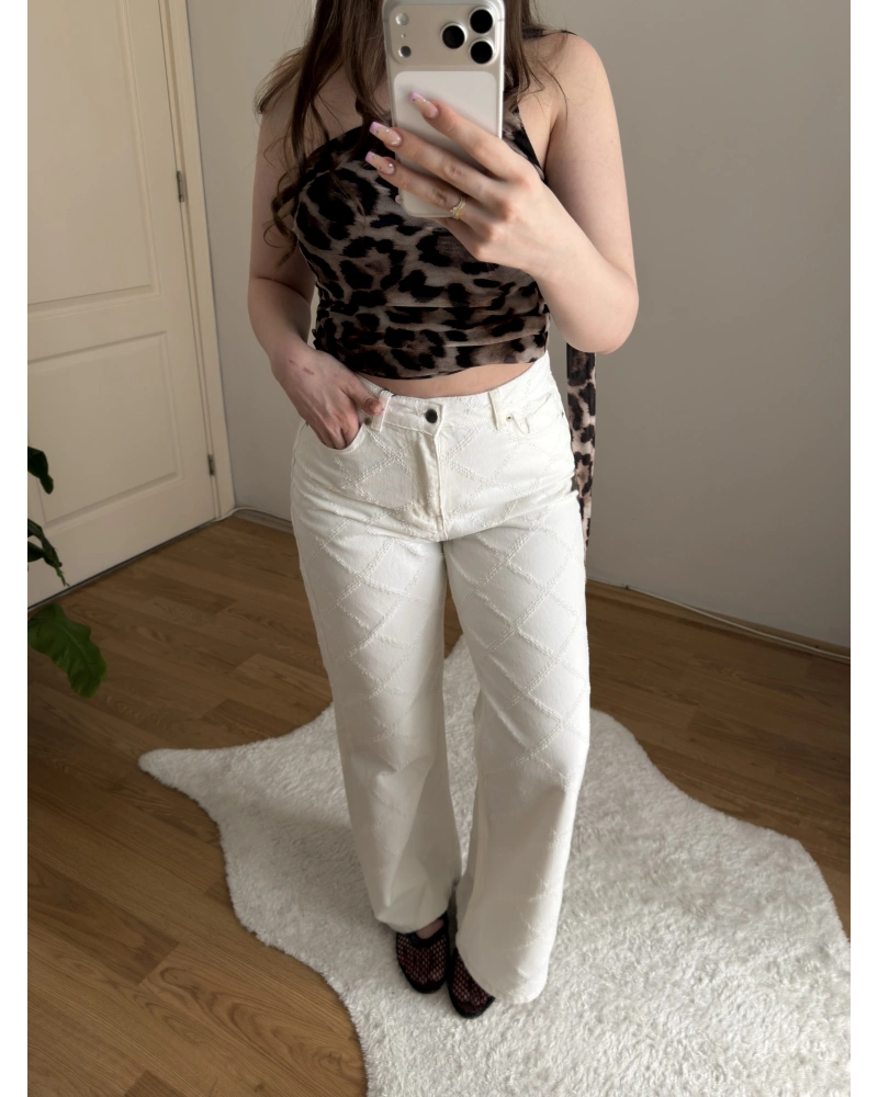 Dokulu Beyaz Jean Pantolon