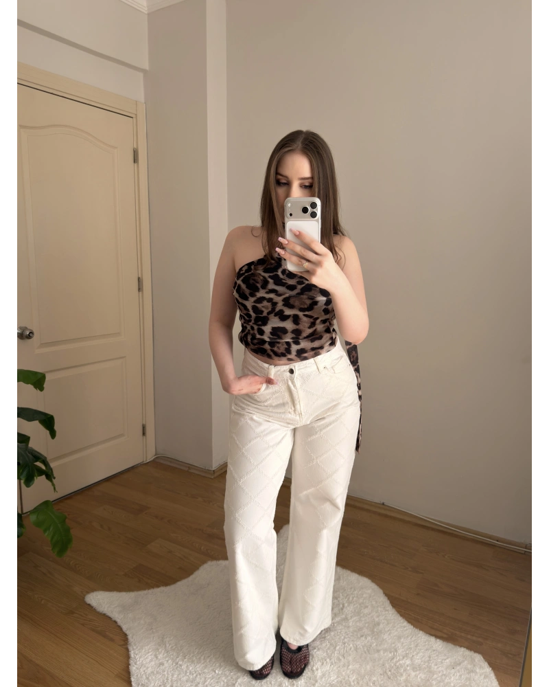 Dokulu Beyaz Jean Pantolon