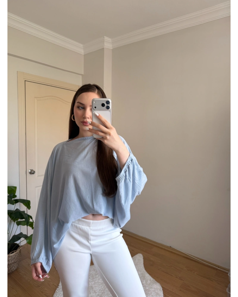Dökümlü Kollu Bebek Mavisi Triko Bluz