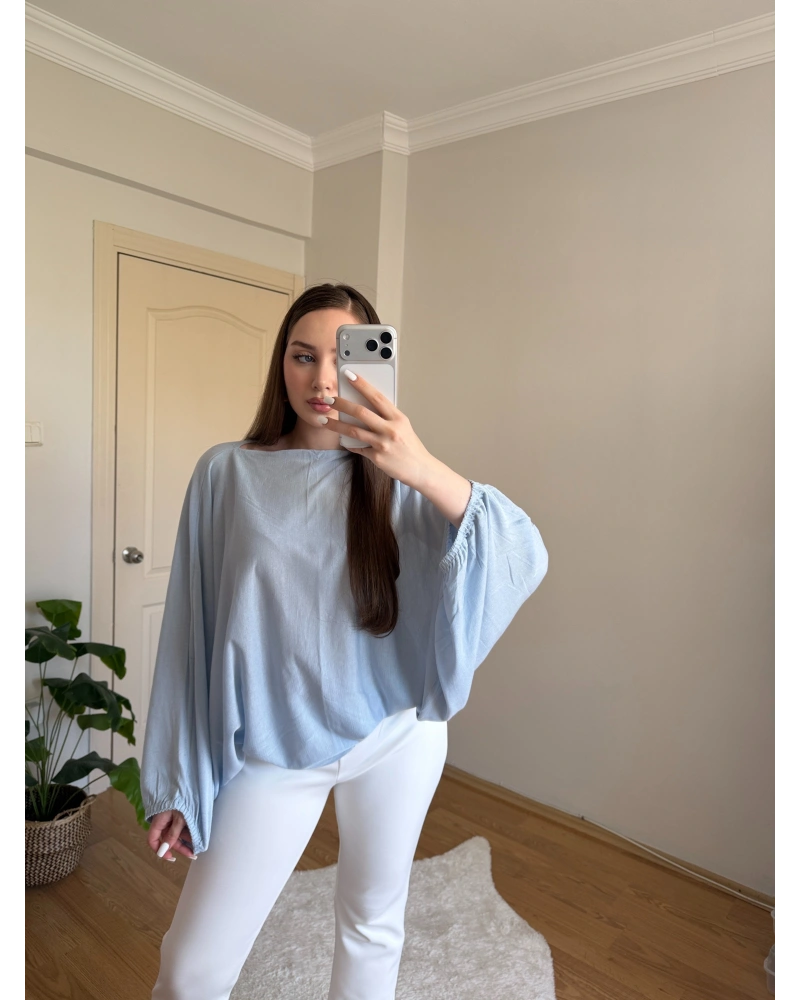 Dökümlü Kollu Bebek Mavisi Triko Bluz