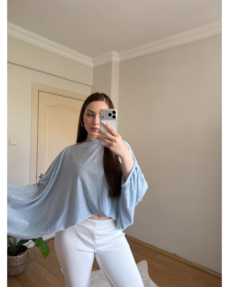 Dökümlü Kollu Bebek Mavisi Triko Bluz