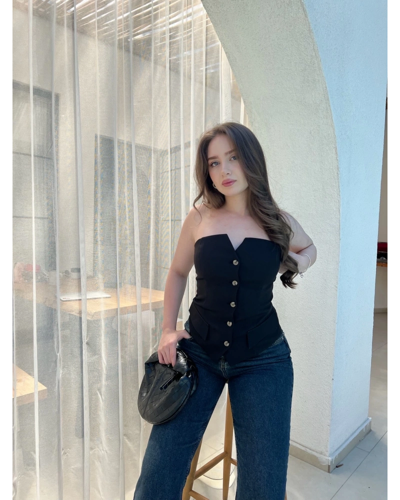 Düğmeli Cep Detaylı Siyah Straplez Büstiyer