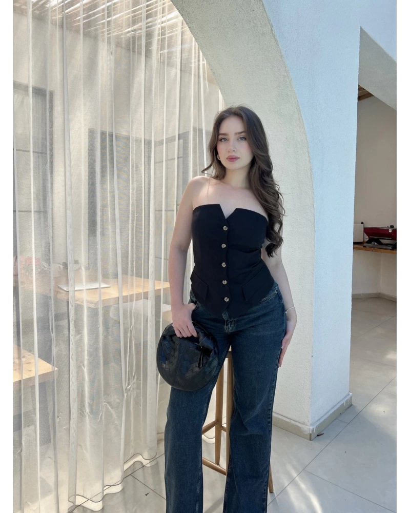 Düğmeli Cep Detaylı Siyah Straplez Büstiyer