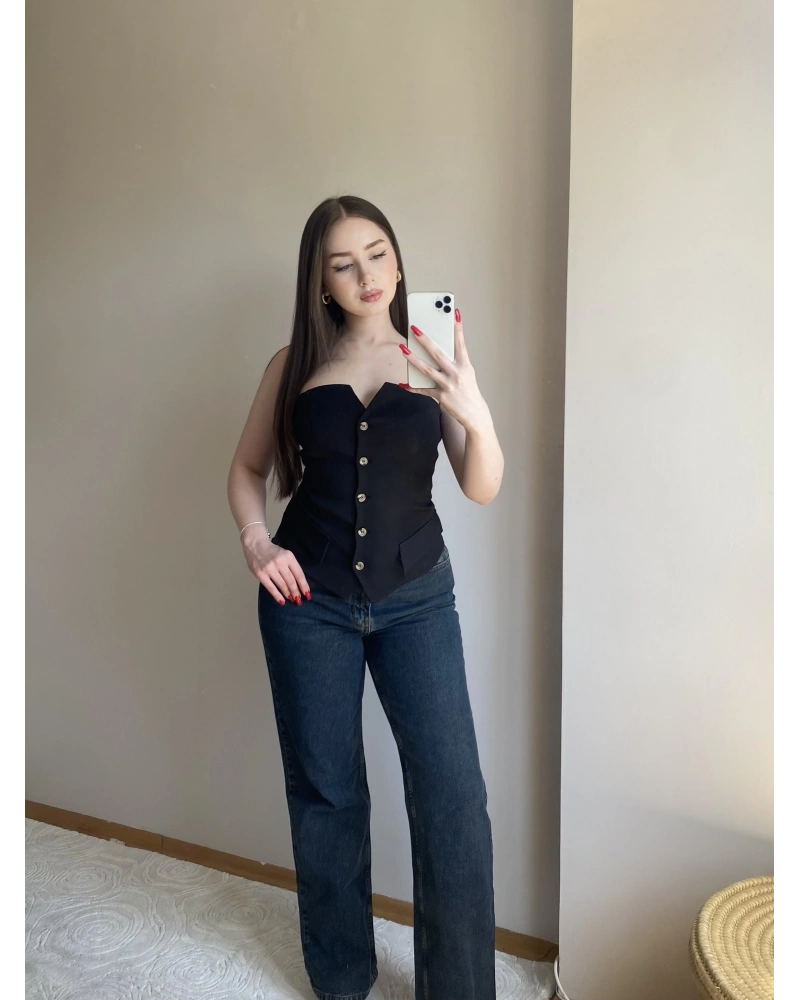 Düğmeli Cep Detaylı Siyah Straplez Büstiyer