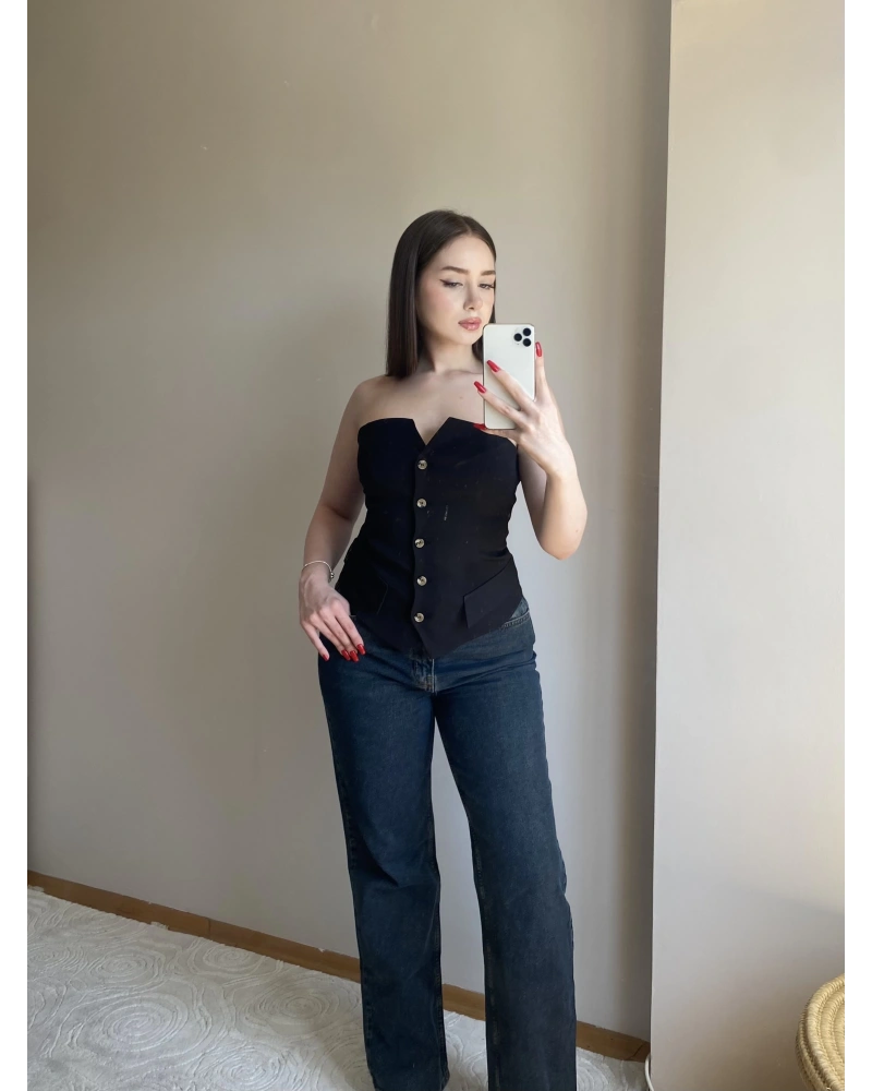 Düğmeli Cep Detaylı Siyah Straplez Büstiyer